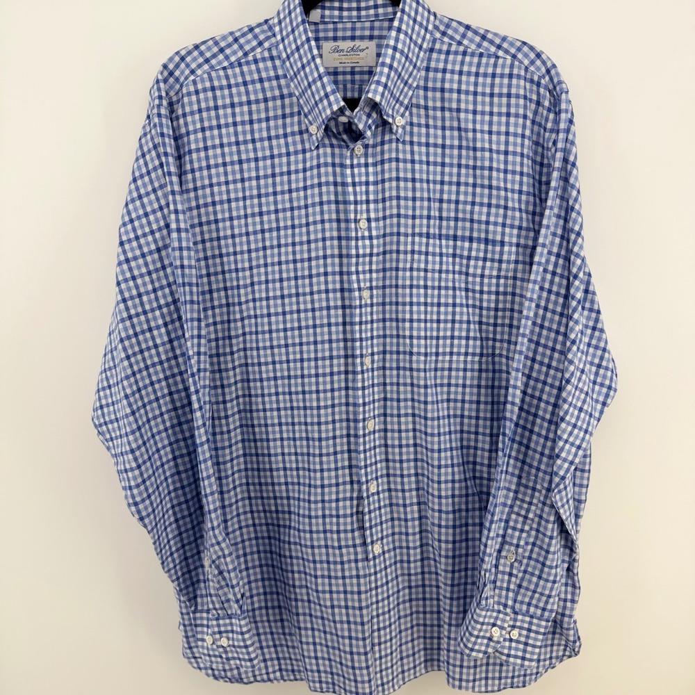 Ben Silver Charleston Fine Shirtings Men's L Blue Gingham Button Down Shirt